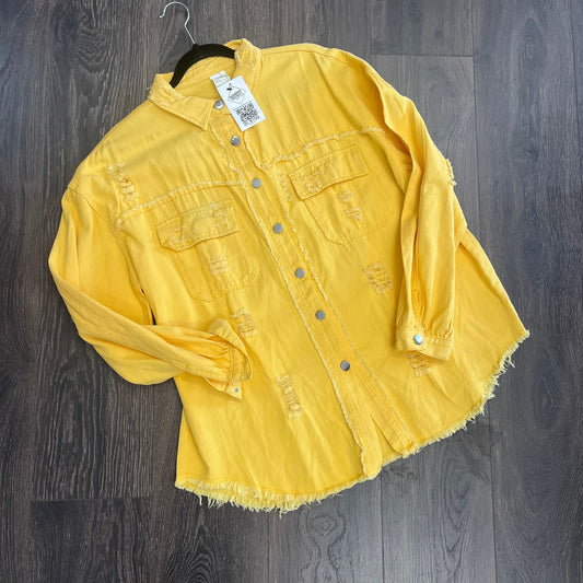 Ripped Fringe Jean Jacket - Yellow