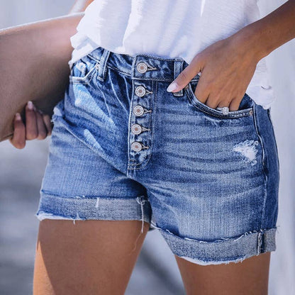 Mid-Rise Ripped Denim Shorts - Dark Blue