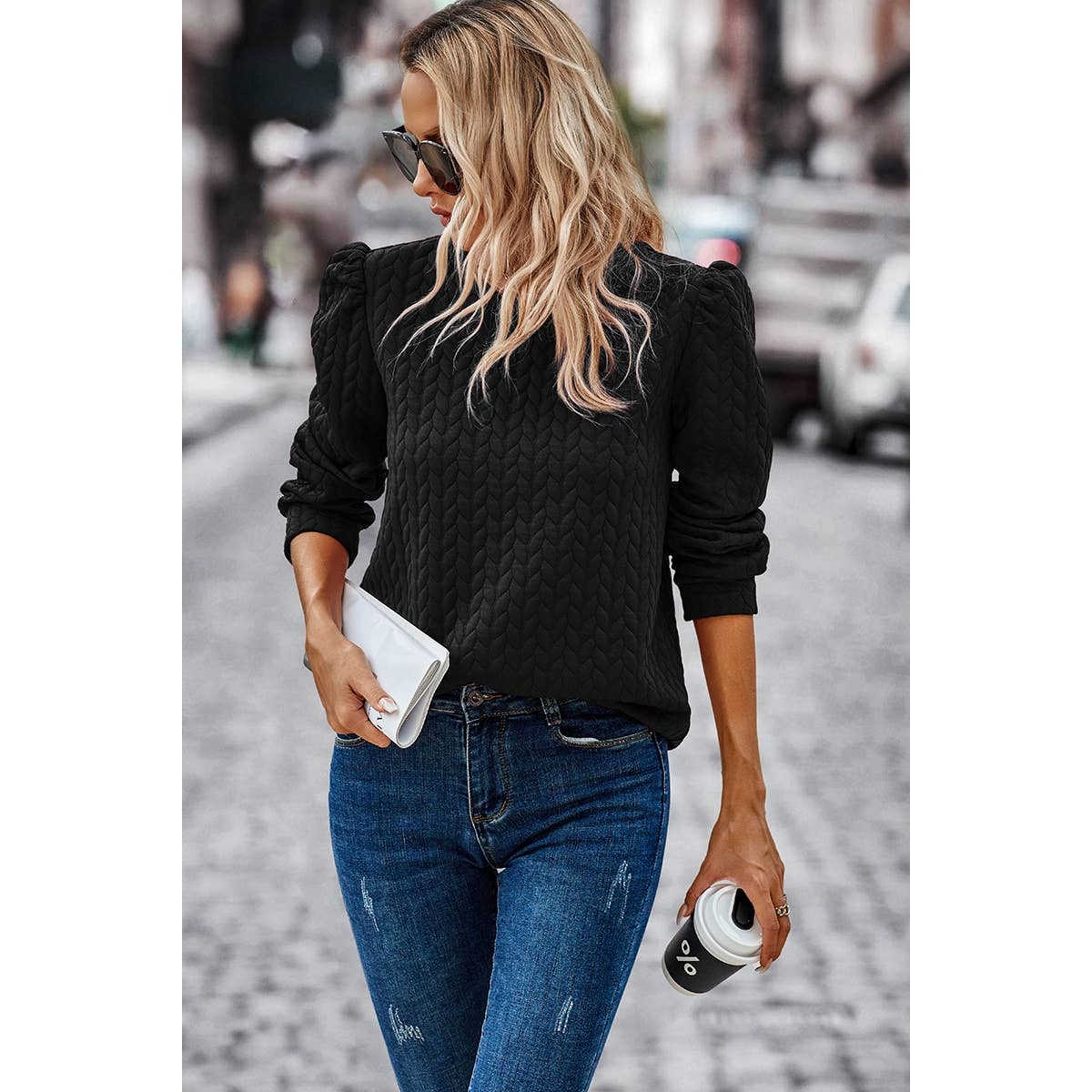 Long Sleeve Twisted Texture Sweater - Black