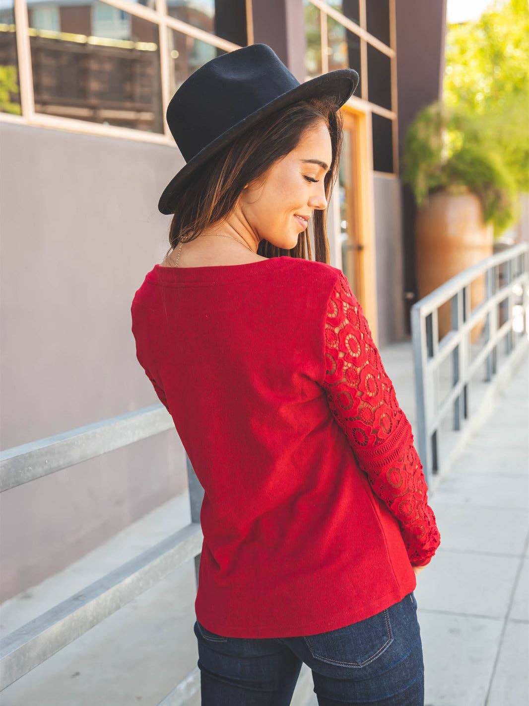Lace Long Sleeve Skylar Top - Red