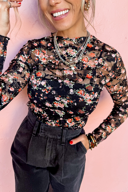 Mesh Long Sleeve Floral Top