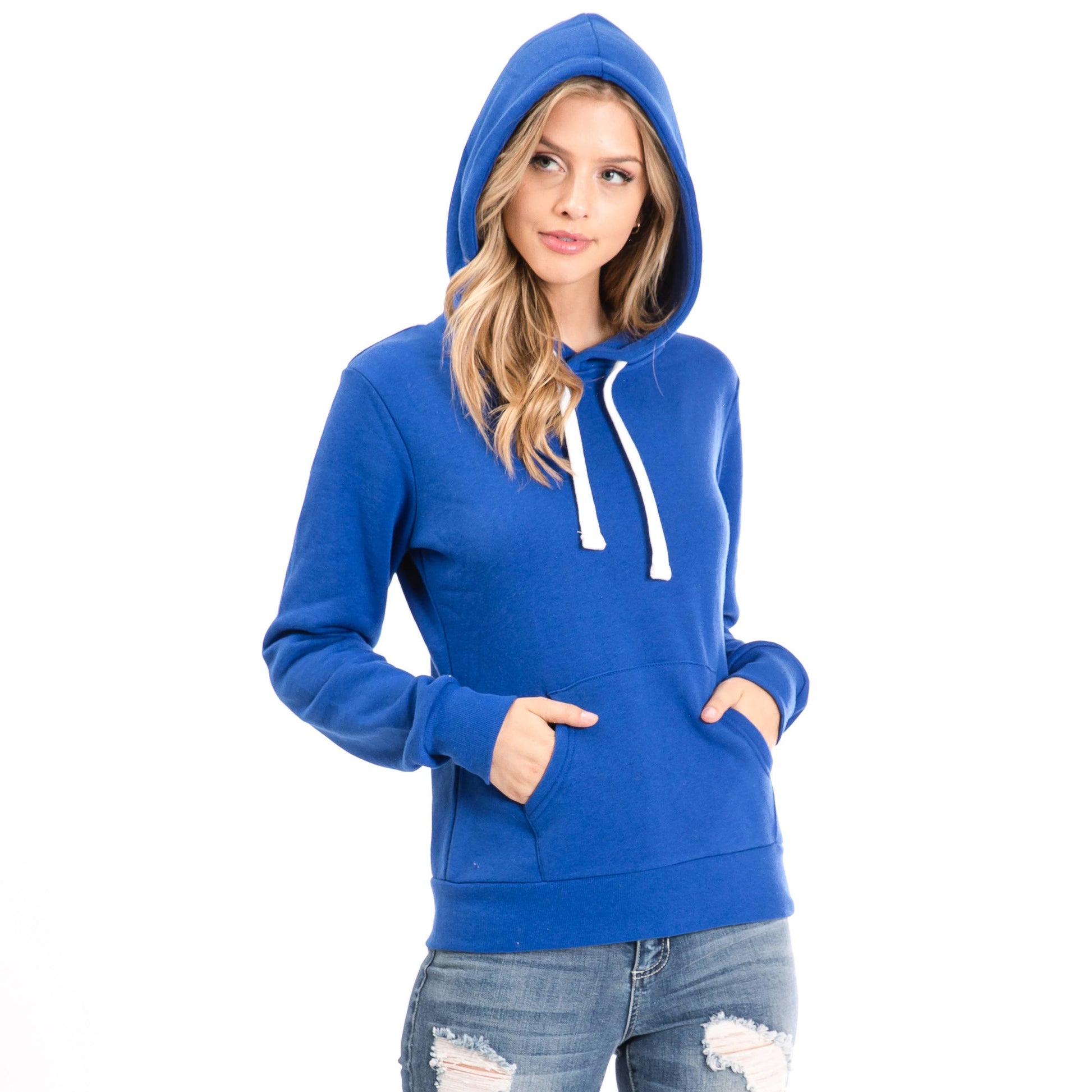 Active Fleece Lined Pullover Hoodie – Royal Blue Women’s Sweatshirt – Cozy Fleece Lining - Front Hood