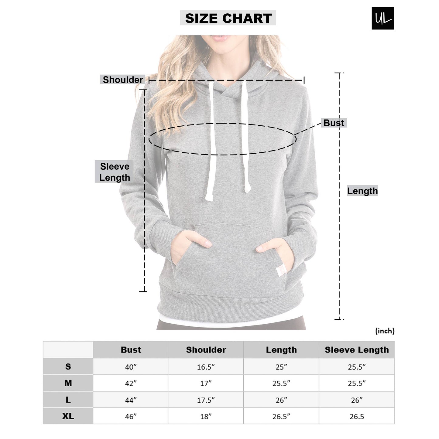Active Fleece Lined Pullover Hoodie – Royal Blue Women’s Sweatshirt – Cozy Fleece Lining - Size Chart
