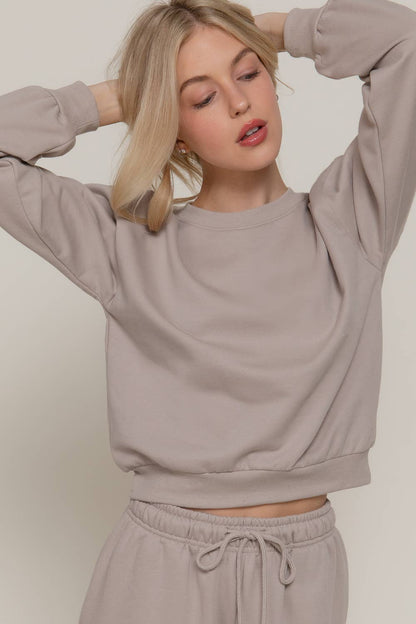 Long Sleeve Round Neck Crop Sweatshirt - Antique Taupe