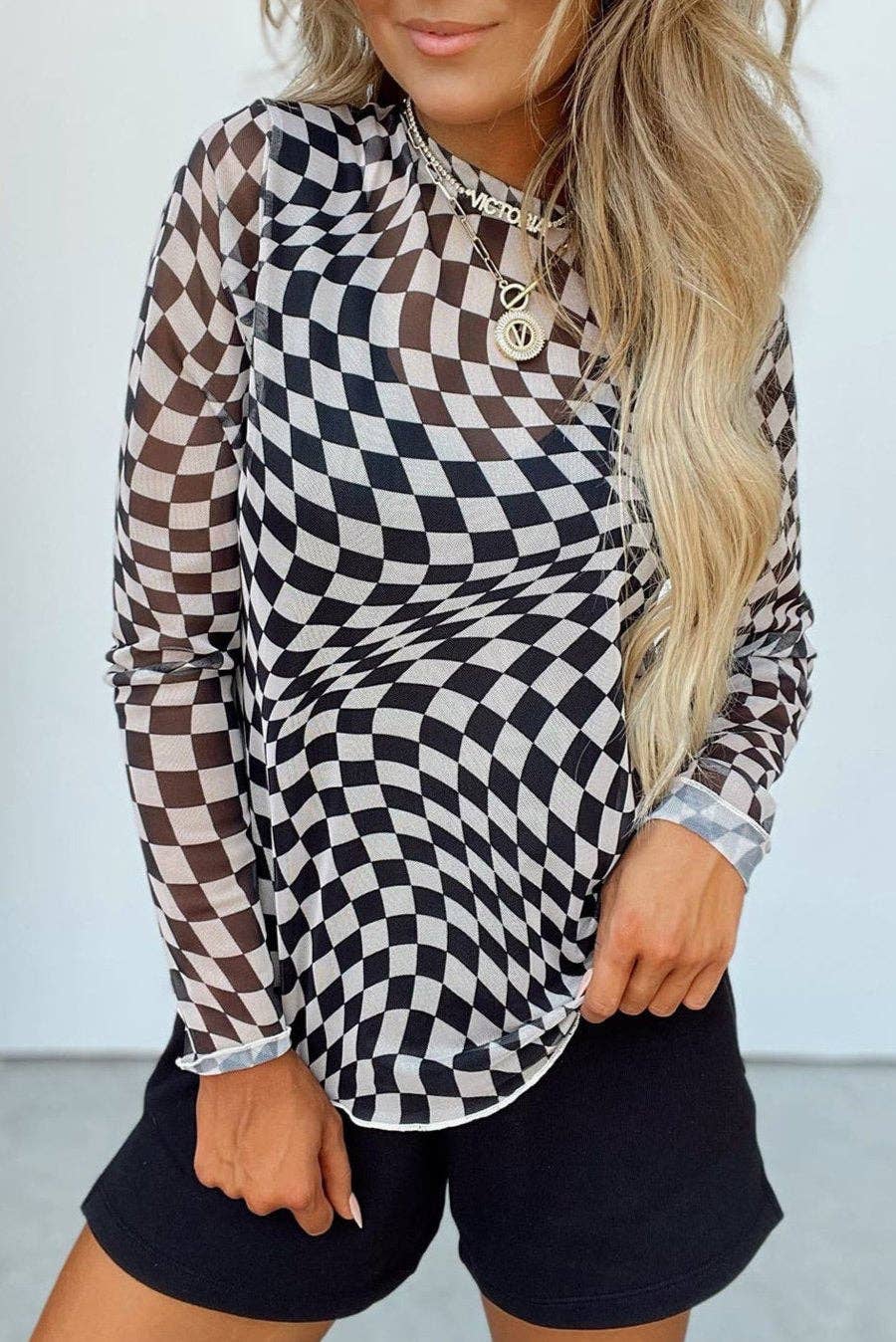 Checker Mesh Long Sleeve Top