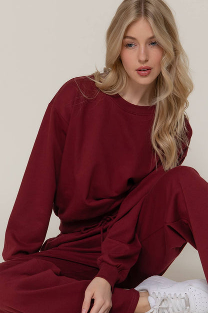 Long Sleeve Round Neck Crop Sweatshirt - Burgundy