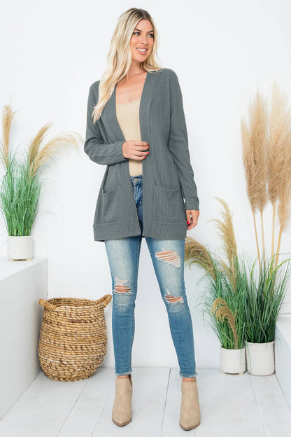 Long Sleeve Waffle Print Cozy Cardigan - Denim