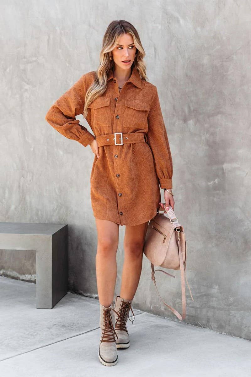 Button Down Corduroy Belted Dress - Burnt Orange