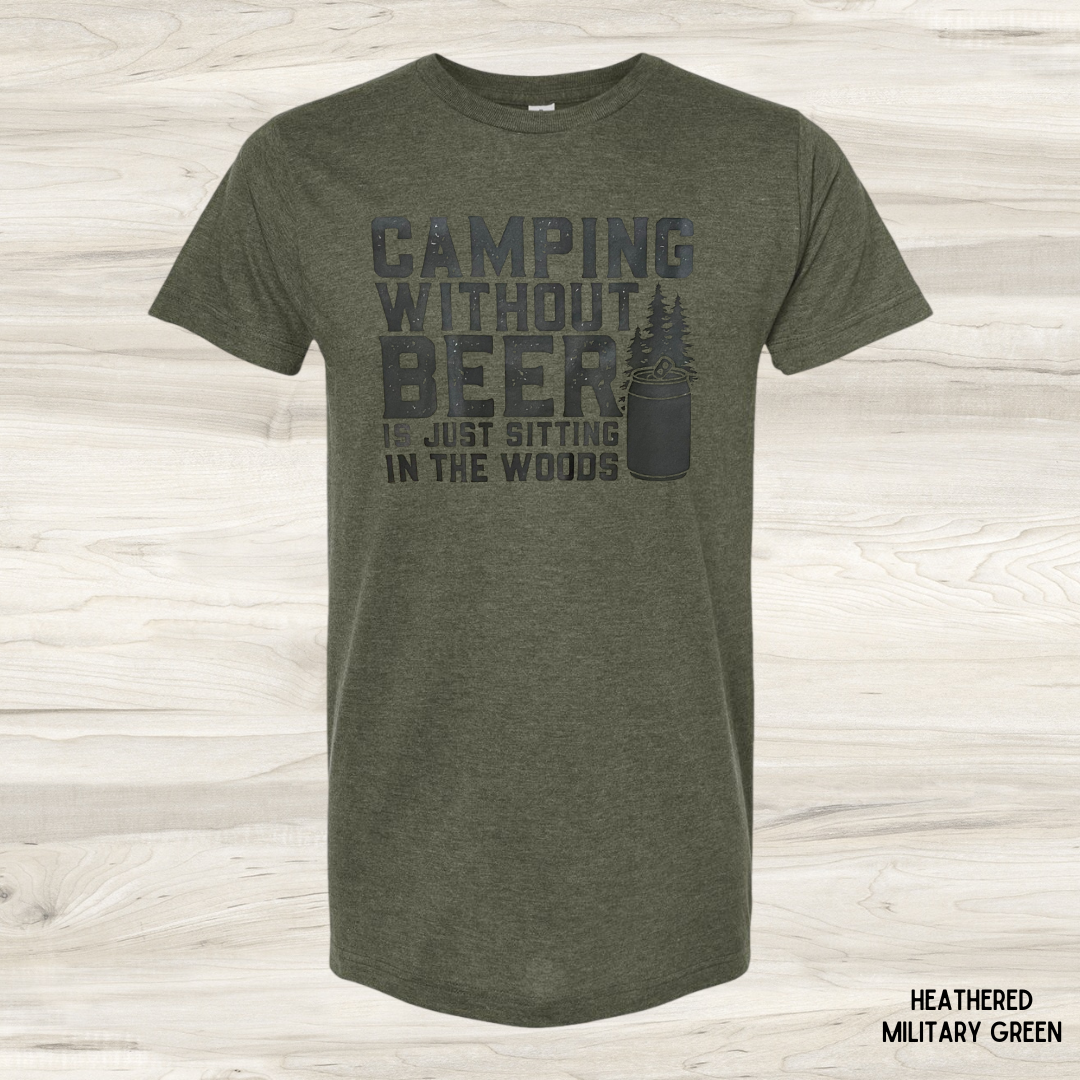 Camping in the Woods funny graphic tee in olive green - unisex women's outdoor t-shirt
