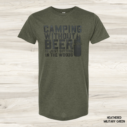Camping in the Woods funny graphic tee in olive green - unisex women's outdoor t-shirt