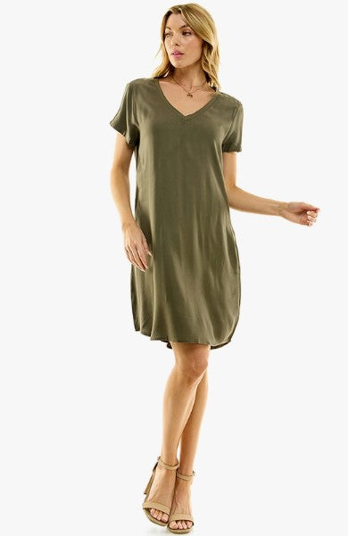 Casual Olive Shirt Dress – Women’s relaxed fit dress with pockets – Full