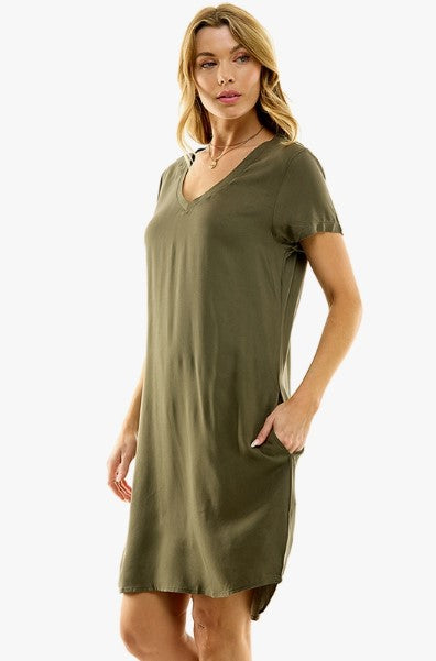 Casual Olive Shirt Dress – Women’s relaxed fit dress with pockets – Side