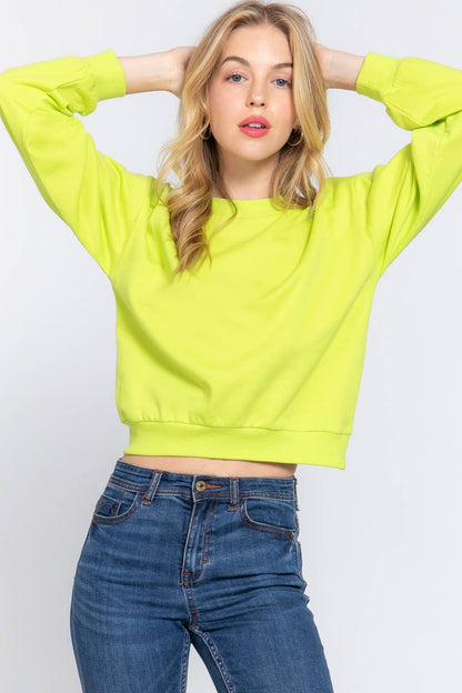 Long Sleeve Round Neck Crop Sweatshirt - Lime