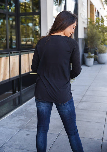 Contrast Sleeve Henley Knox Top – black long sleeve casual top - Back