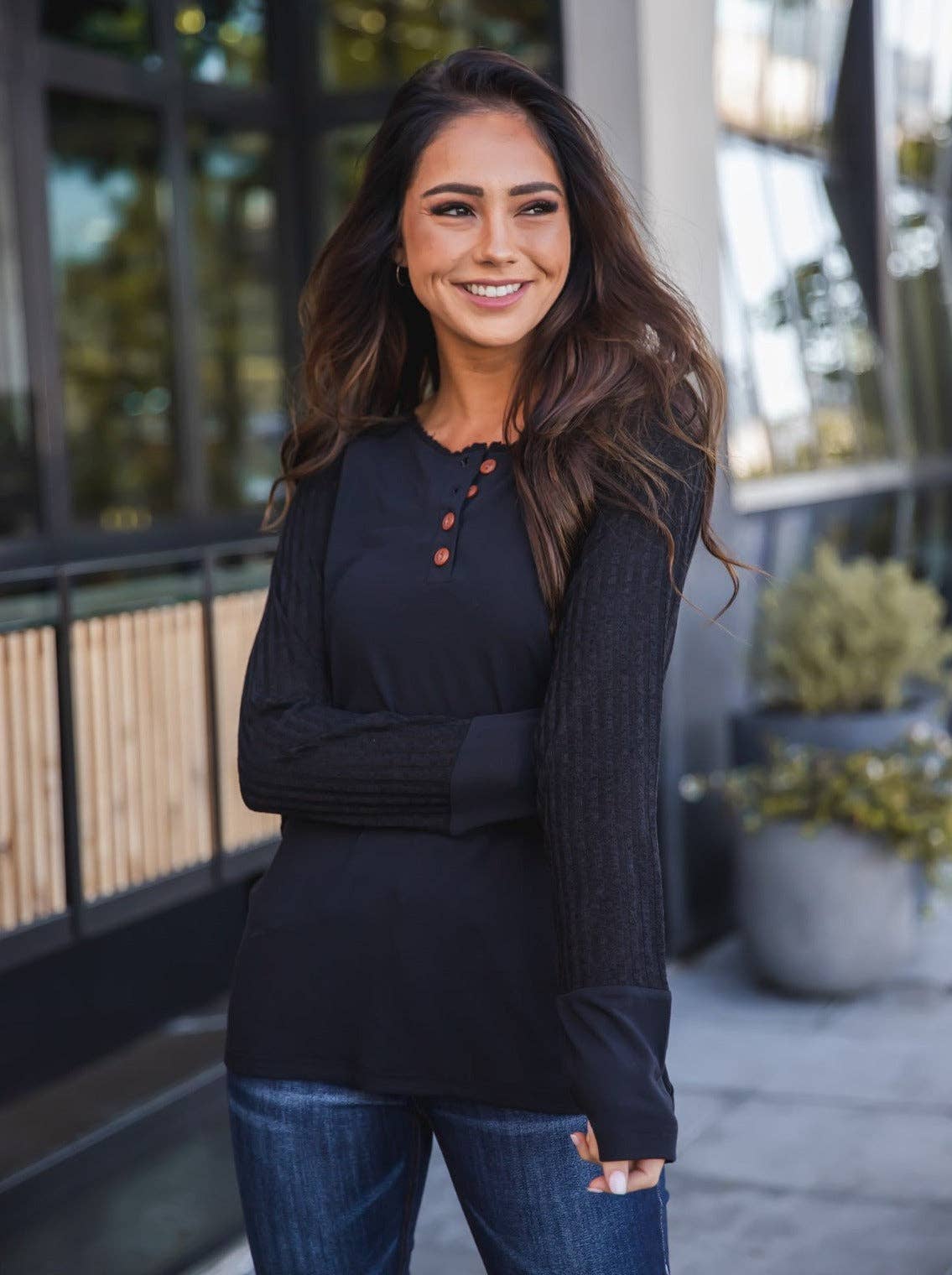Contrast Sleeve Henley Knox Top – black long sleeve casual top