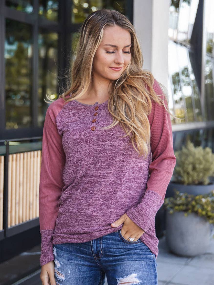 Contrast Sleeve Henley Knox Top – purple long sleeve women’s casual shirt with button neckline - Front