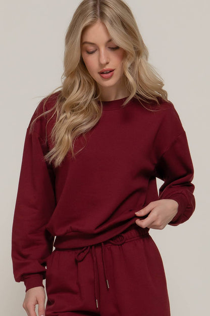 Long Sleeve Round Neck Crop Sweatshirt - Burgundy