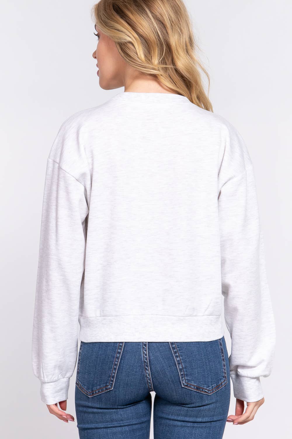 Long Sleeve Round Neck Crop Sweatshirt - Grey Marble