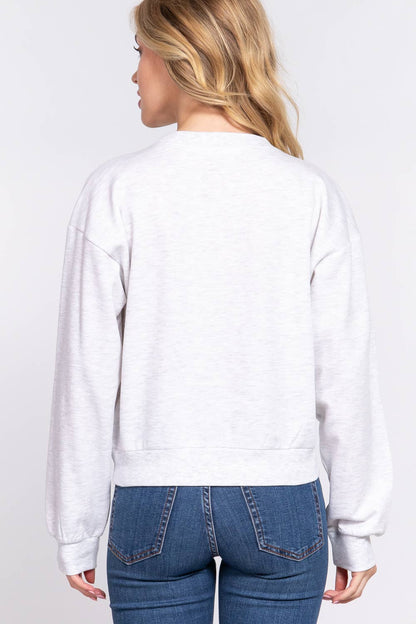 Long Sleeve Round Neck Crop Sweatshirt - Grey Marble