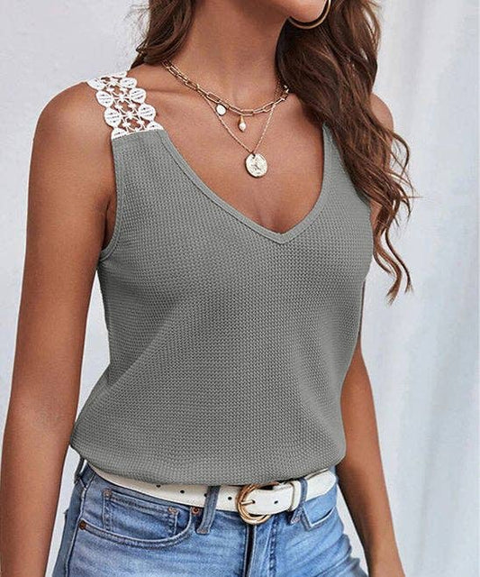 Solid Color Sleeveless V-Neck Tank - Grey