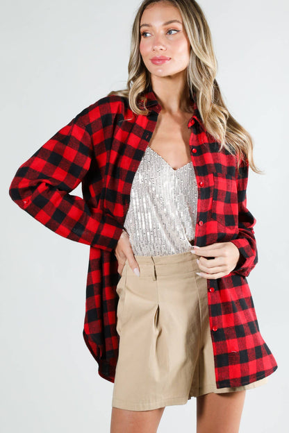Long Sleeve Plaid Button Up - Red
