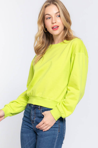 Long Sleeve Round Neck Crop Sweatshirt - Lime