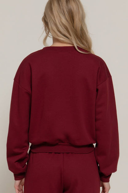 Long Sleeve Round Neck Crop Sweatshirt - Burgundy