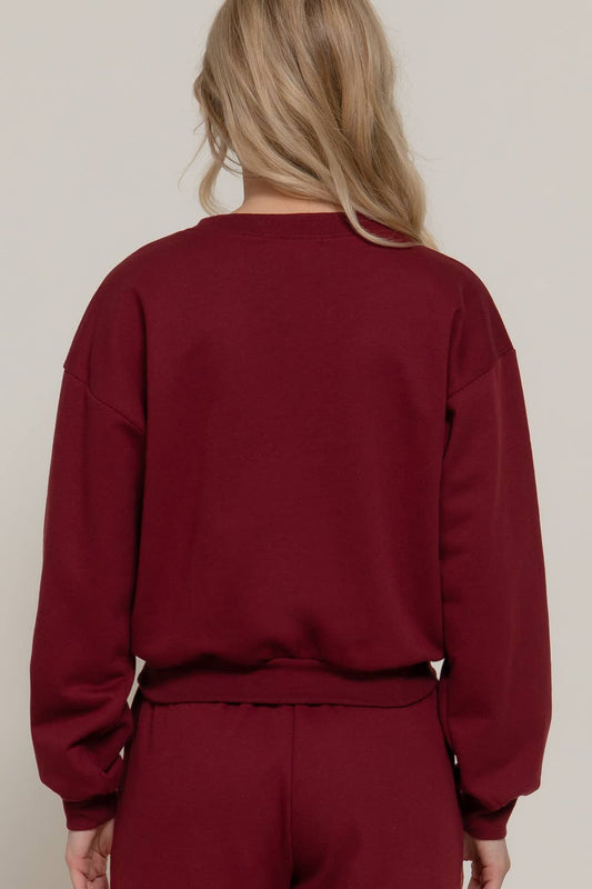 Long Sleeve Round Neck Crop Sweatshirt - Burgundy