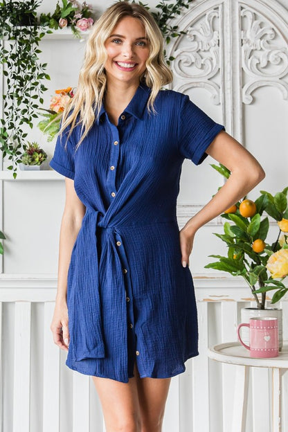 Cotton Tie Front Dress - Indigo