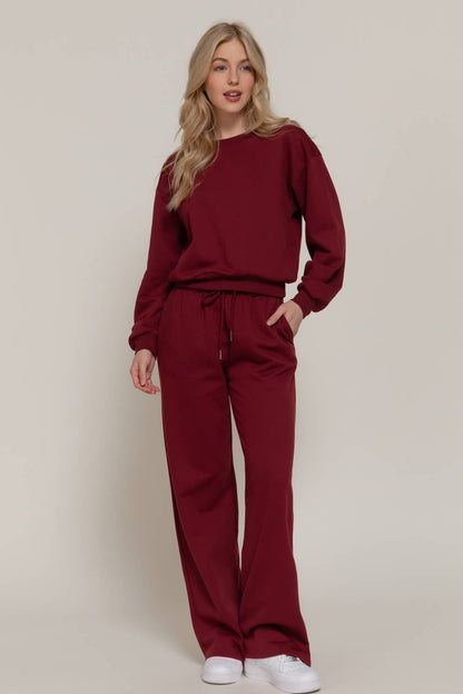 Long Sleeve Round Neck Crop Sweatshirt - Burgundy