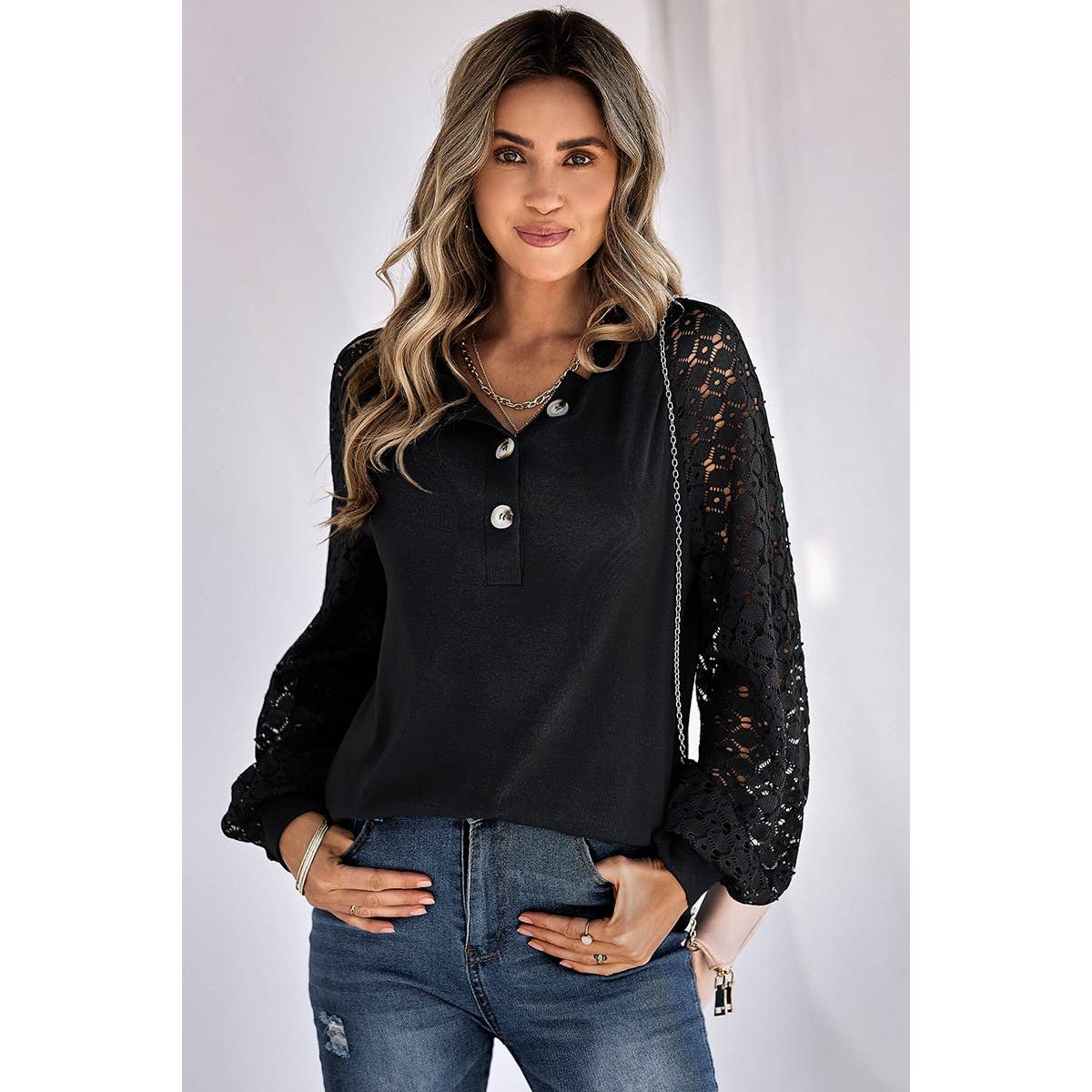 Lace Sleeve Knit Sweater - Black