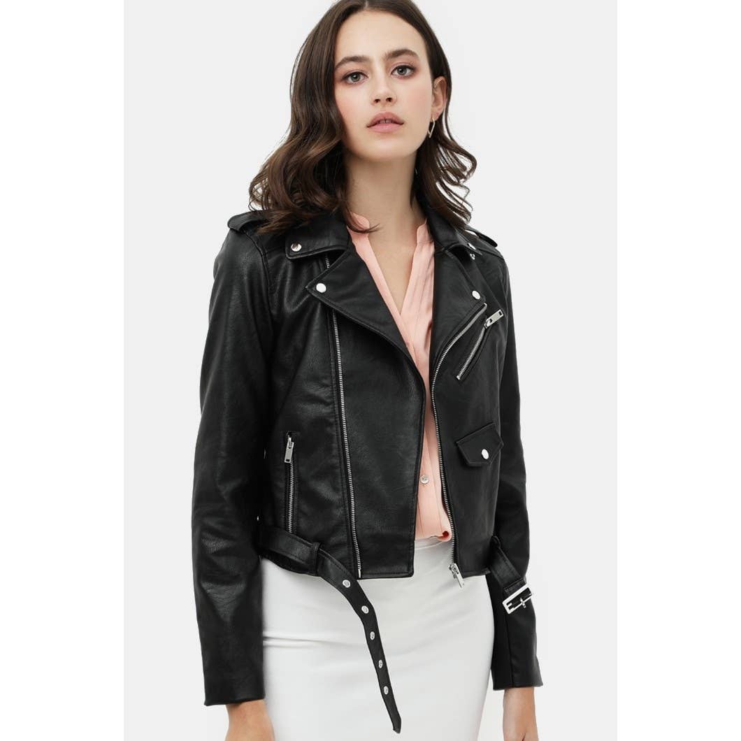 Faux Leather zip-up biker jacket – black vegan moto coat with zip-front and moto detailing - Close Up