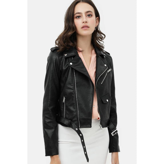 Faux Leather zip-up biker jacket – black vegan moto coat with zip-front and moto detailing - Close Up
