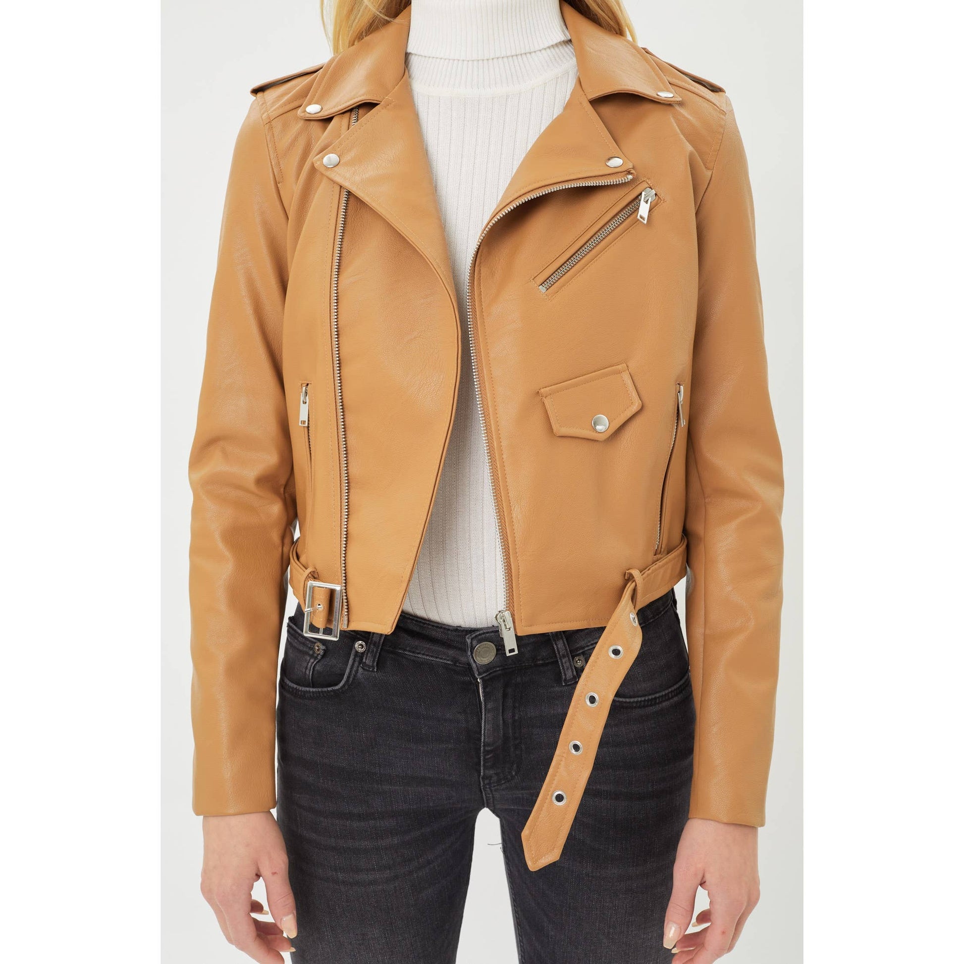 Faux leather zip-up biker jacket – camel vegan moto coat with zip front and moto detailing - Close Up