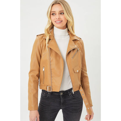Faux leather zip-up biker jacket – camel vegan moto coat with zip front and moto detailing