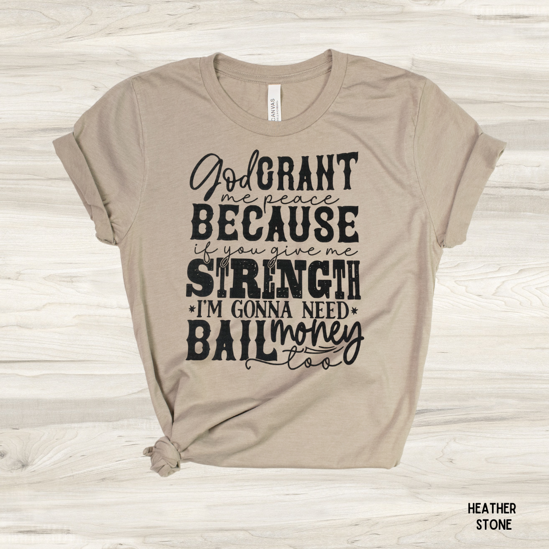 God Grant Me Peace funny graphic tee in heather stone - unisex faith humor t-shirt