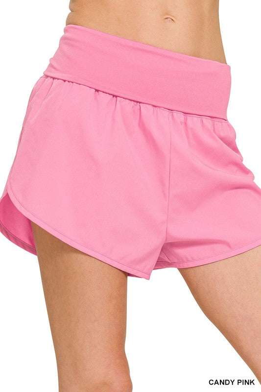 Candy pink high waist fold-over running shorts – women's athletic activewear