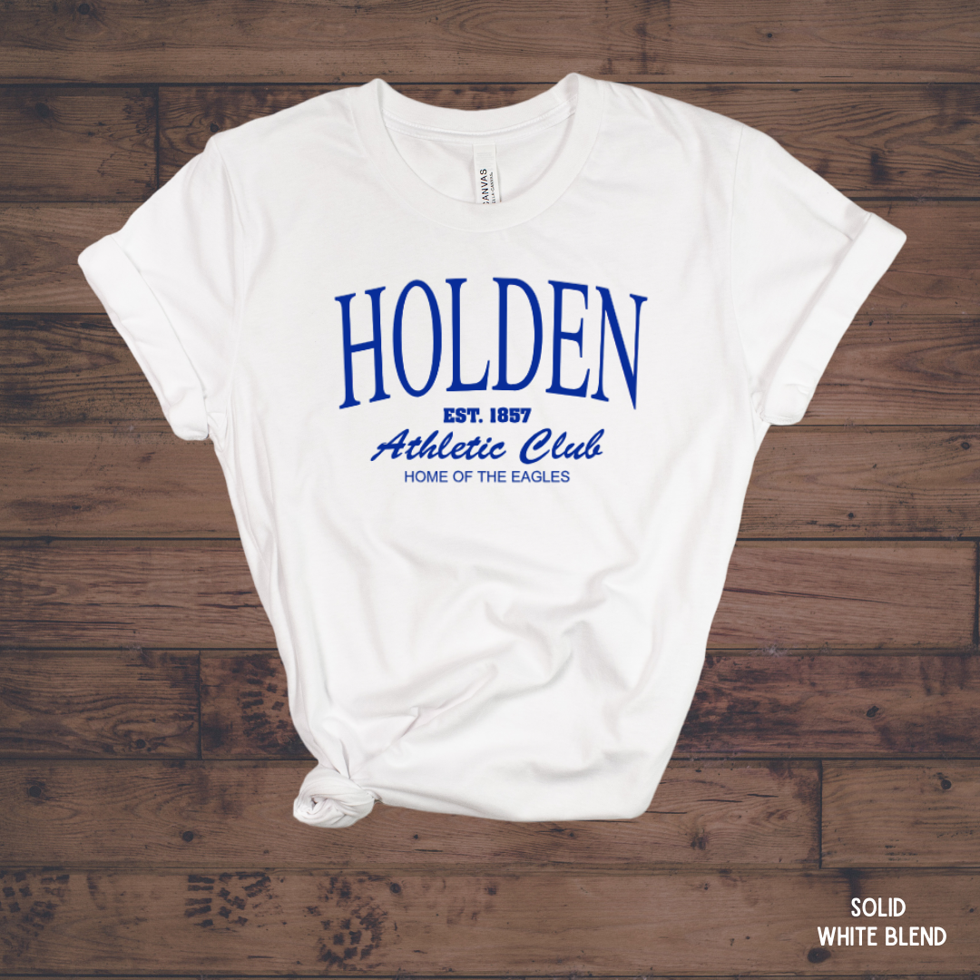 Holden Athletic Club graphic tee in white with royal blue print - unisex hometown t-shirt