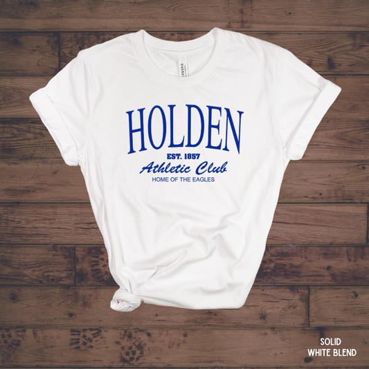 Holden Athletic Club graphic tee in white with royal blue print - unisex hometown t-shirt