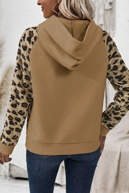 Animal print raglan sleeve hoodie outfit idea – tan casual pullover - Back View