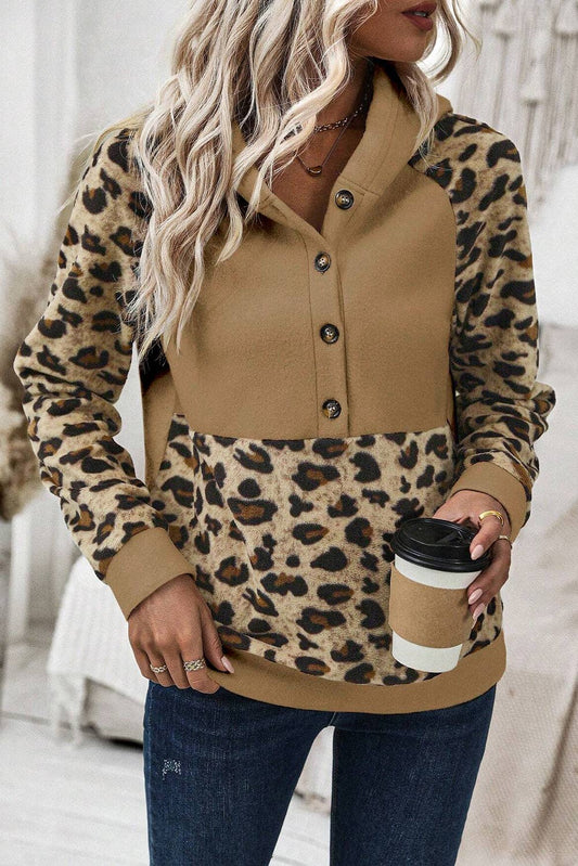 Leopard Patchwork Raglan Sleeve Hoodie – tan animal‑print raglan sleeves casual pullover