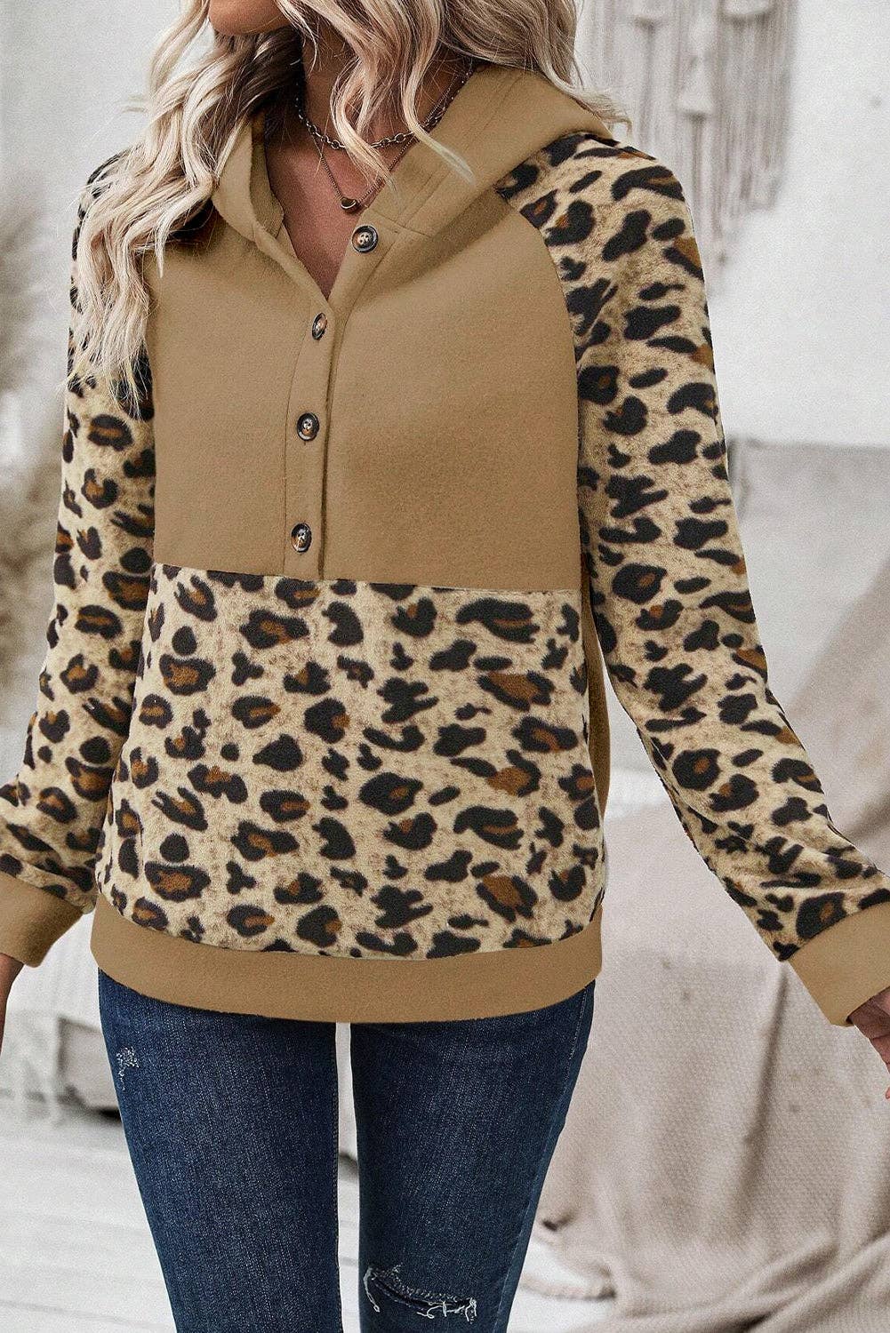Tan hoodie with leopard raglan sleeves and front patchwork