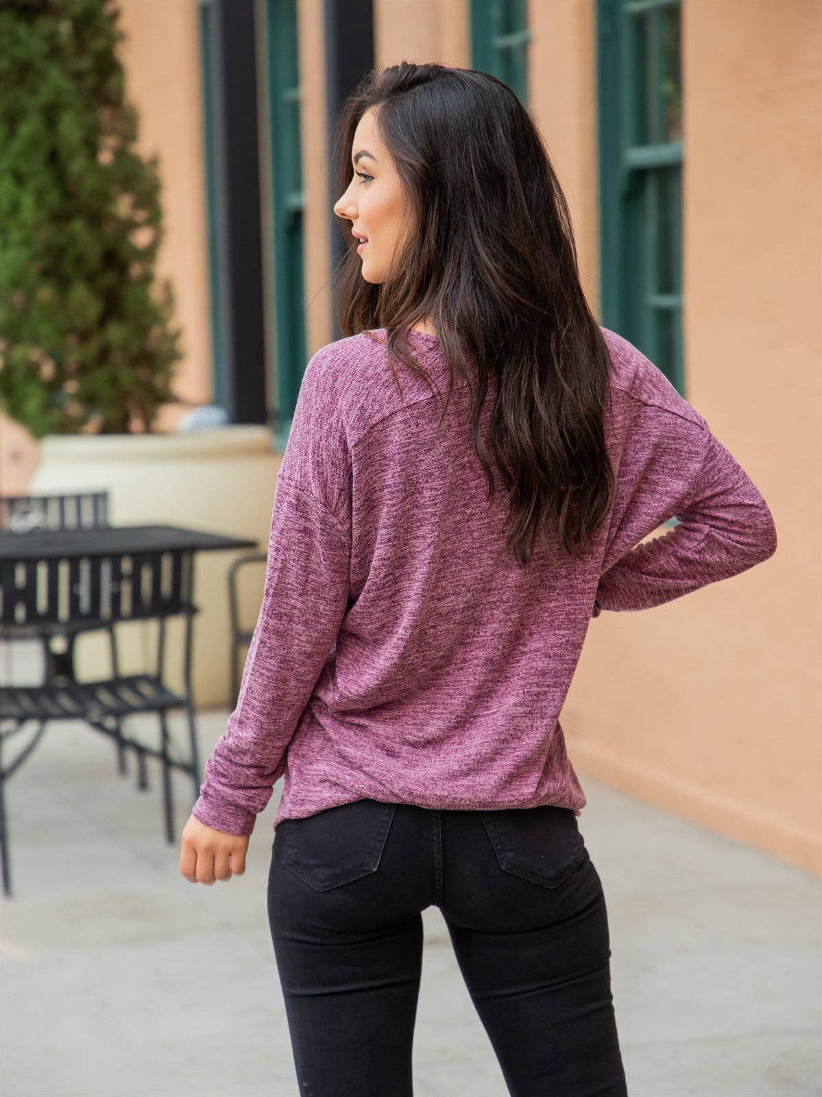 Lightweight long sleeve sweater – purple women’s everyday layer knit top - Back