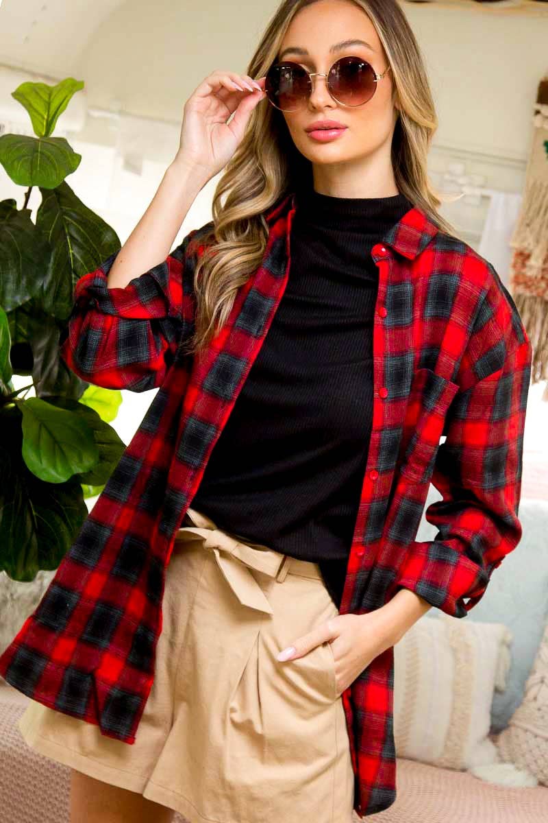 Long sleeve plaid button-up shirt in red — women's casual boutique top