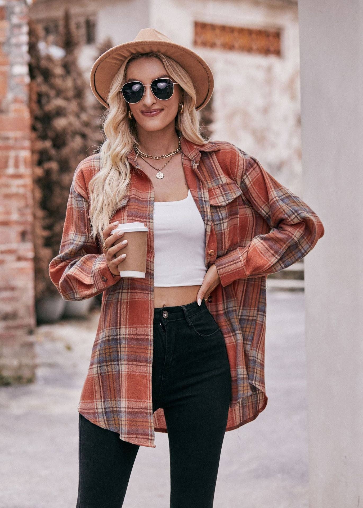 Oversized orange plaid button-down shirt – flannel shacket - Front Open
