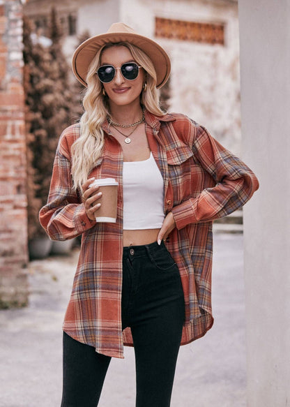 Oversized orange plaid button-down shirt – flannel shacket - Front Open