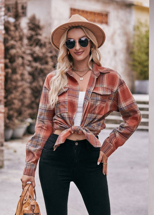 Oversized orange plaid button-down shirt – flannel shacket - Front Tied