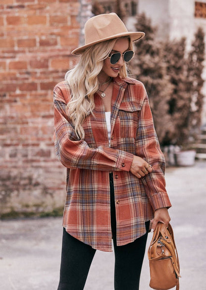 Oversized orange plaid button-down shirt – flannel shacket - Front