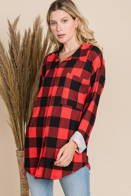 Plaid Button Down Shirt – red casual long sleeve shirt - Buttoned