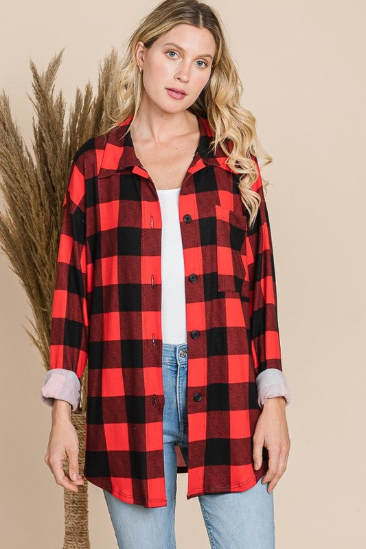 Plaid Button Down Shirt – red casual long sleeve shirt - Front View